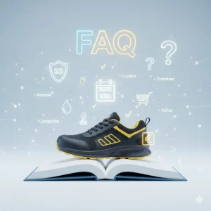 Illustration 3D FAQ chaussure de sécurité avec icônes normes 2022 ESD confort achat et entretien